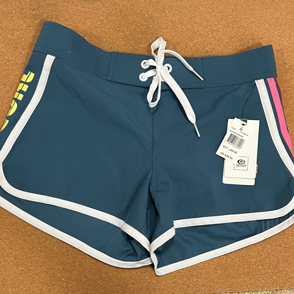 NEW Rip Curl Womens Blue Swim Shorts with White and Pink Accents